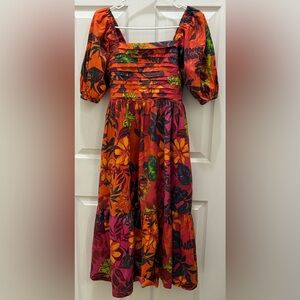 Luna Skies Puff Sleeve Floral multicolor Midi Dress S
